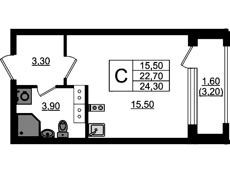Квартира студия 24.3 м², 11/13 эт., ЖК «Тайм Сквер»